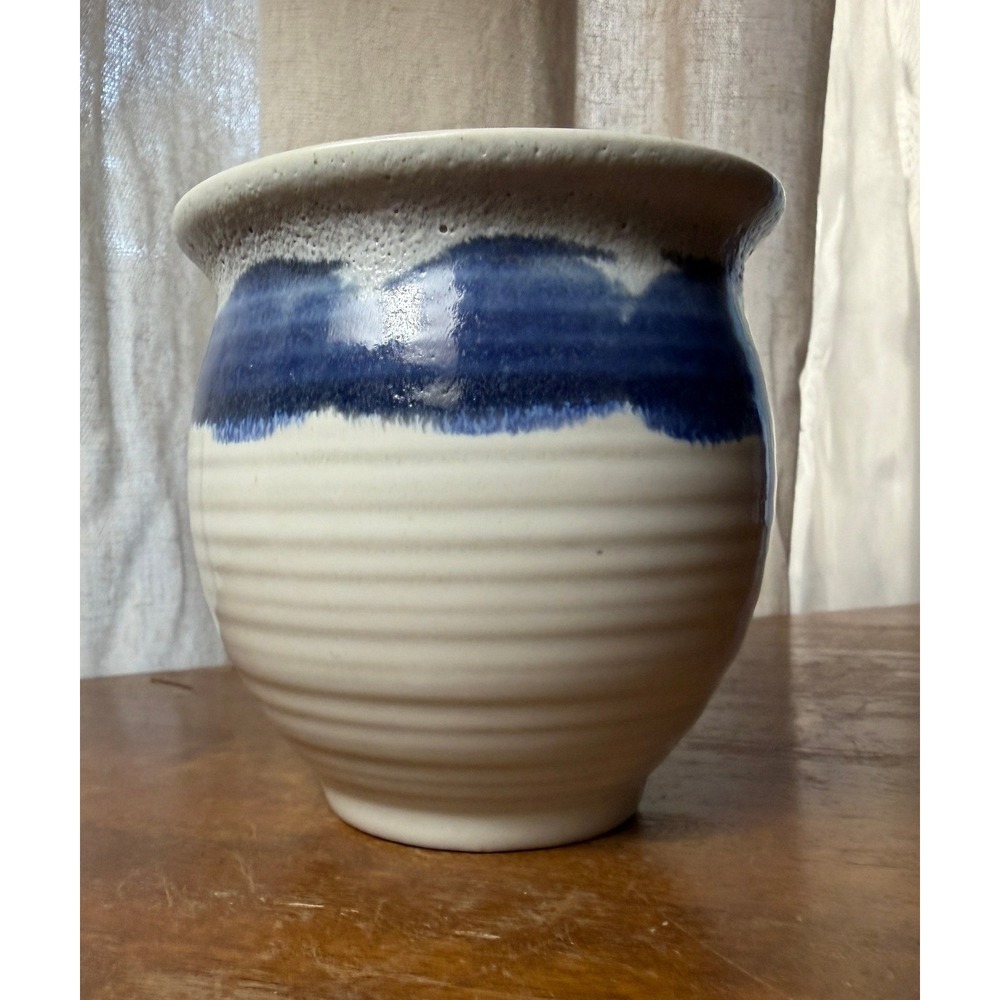 Studio Pottery Vase Blue Cream Ribbed Hand Thrown Drip Glaze